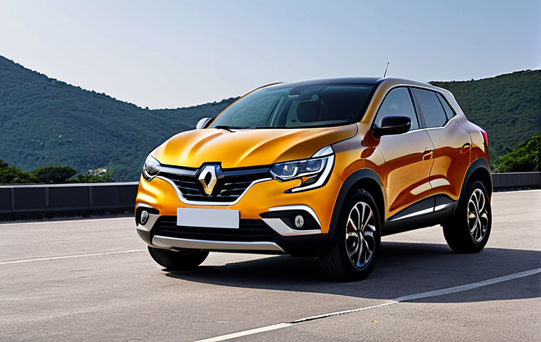**Exterior Design of Renault Samsung XM3**: Create an image showcasing the sleek and modern exterior of the Renault Samsung XM3, highlighting its clean lines, sharp LED headlights, and bold front grille. Include vibrant color options to emphasize its dynamic presence on the road.