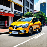 **Exterior Design:** A vibrant, sporty Renault Clio driving on a sunny city street in Kuala Lumpur, Malaysia. Focus on the sleek lines, LED headlights, and attractive color. Background should include recognizable Malaysian landmarks.
