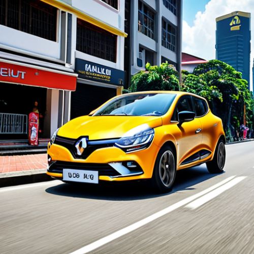**Exterior Design:** A vibrant, sporty Renault Clio driving on a sunny city street in Kuala Lumpur, Malaysia. Focus on the sleek lines, LED headlights, and attractive color. Background should include recognizable Malaysian landmarks.