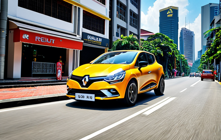 **Exterior Design:** A vibrant, sporty Renault Clio driving on a sunny city street in Kuala Lumpur, Malaysia. Focus on the sleek lines, LED headlights, and attractive color. Background should include recognizable Malaysian landmarks.