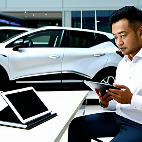 A professional Malaysian man, in a crisp business shirt and trousers, sitting confidently at a modern desk in a well-lit certified used car dealership office. He is reviewing a warranty document with a calm expression, with a tablet displaying digital vehicle history next to him. A modern Renault Captur is subtly visible through a large window in the background, symbolizing assured ownership. The scene conveys trust, clarity, and peace of mind. Professional photography, high resolution, detailed, perfect anatomy, correct proportions, natural pose, well-formed hands, proper finger count, natural body proportions, fully clothed, modest clothing, appropriate attire, professional dress, safe for work, appropriate content, family-friendly.