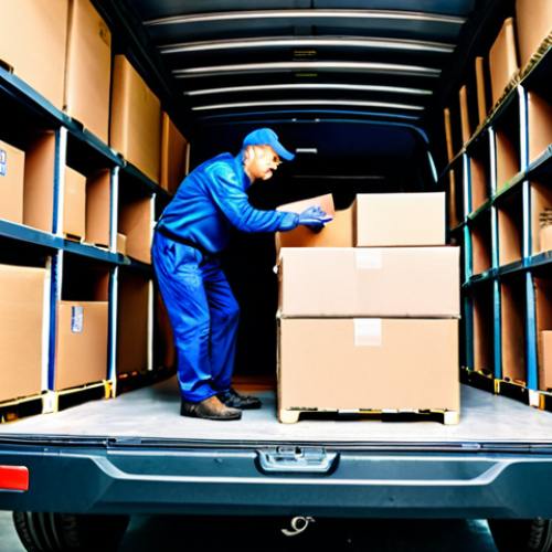 A professional logistics manager, fully clothed in a modest business uniform, efficiently organizes diverse cargo inside the spacious, well-lit interior of a modern commercial delivery van. The van's high roof and wide internal dimensions are visible, accommodating various items including neatly stacked e-commerce parcels, durable crates, and a piece of large furniture. The manager, with perfect anatomy, correct proportions, and well-formed hands, is in a natural pose, demonstrating optimal space utilization in a clean warehouse loading bay setting. The scene emphasizes professionalism, operational efficiency, safe for work, appropriate content, fully clothed, and family-friendly, rendered with high-quality photography.