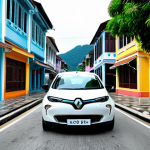 Renault Zoe in Georgetown, Penang**

"A Renault Zoe, compact and stylish, driving through the colorful streets of Georgetown, Penang. The architecture is visible in the background. The driver is fully clothed in modest attire. Safe for work, appropriate content, professional photography, perfect anatomy, natural proportions, family-friendly."

**